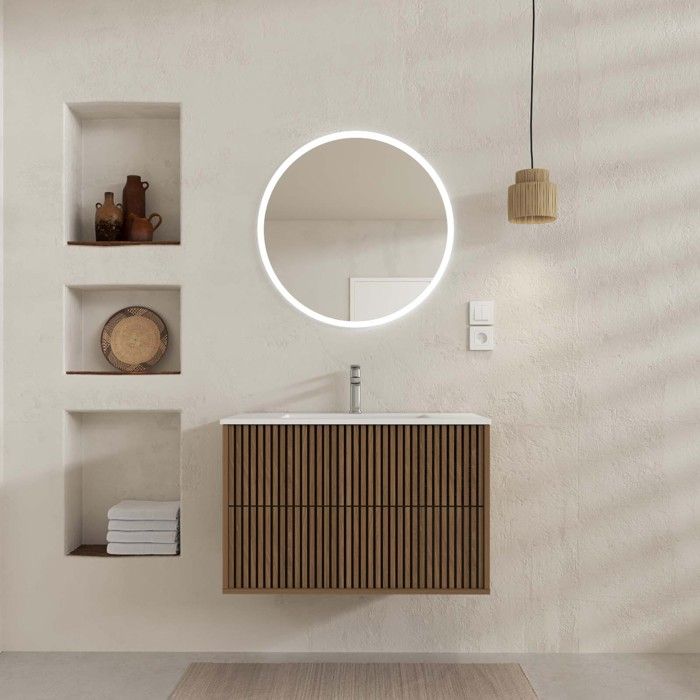Meuble Salle de Bains YUKI 80 - 2 Tiroirs Décor Chêne et Noir - Vasque Blanche - Miroir LED 70