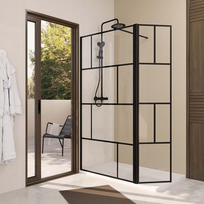 Paroi de Douche avec Volet Pivotant 100+40x195cm - Verre 8mm Anticalcaire - Motifs et Profilés Noir