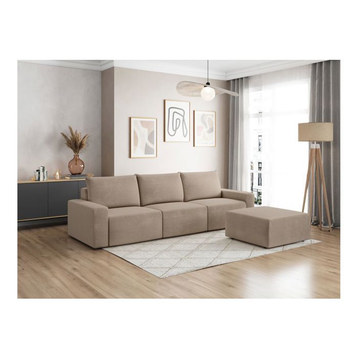 PACK - Canapé droit fixe 3 places ROMANE avec pouf en velours côtelé - Taupe