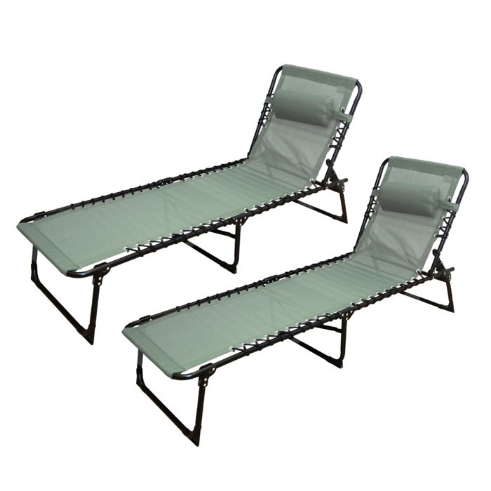 Lot de 2 Transat Chaise longue pliante Bain de soleil coloris kaki avec coussin - Longueur 188 x Profondeur 55 x Hauteur 30 cm
