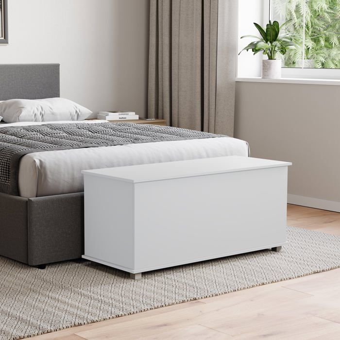 Banc coffre de rangement Leon blanc – Repose-pieds tabouret banc en bois avec espace de rangement pour lit