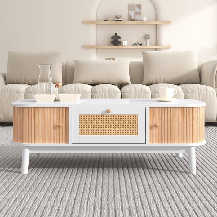 Lemonbest Table Basse avec tiroir en rotin et 2 Portes coulissantesf 110 x 55 x 385 cm pieds en bois massif - Blanc et Naturel