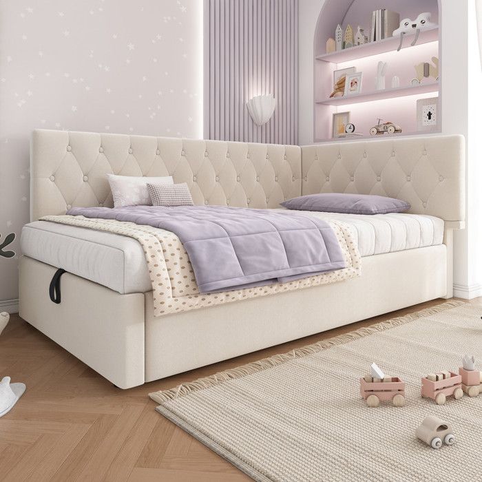 Lit enfant 90x190cm avec sommier à lattes en bois lit 1 personne en velours canapé lit avec rangement hydraulique beige