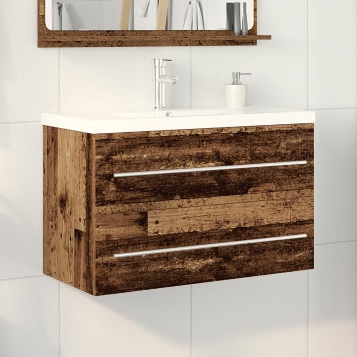 Meuble de salle de bain - Bois vieilli - Lavabo intégré - 2 tiroirs - Finition vernie
