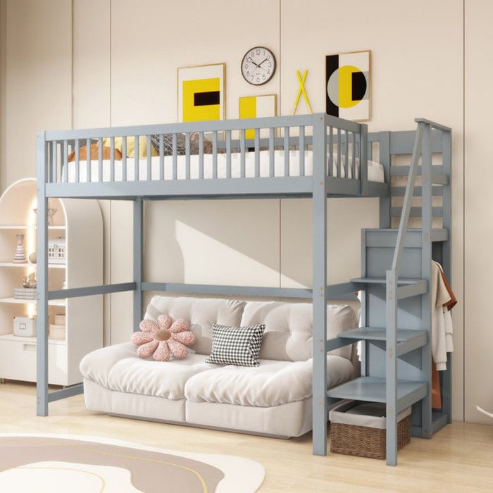 Lit Mezzanine 90x200cm avec Escalier lit 1 personne avec Armoire Lit Enfant en Bois avec éTagèRes de RangementGris