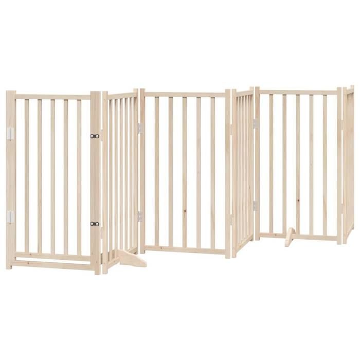 Meilleurs prix pour Barrière de sécurité pour chien animaux de compagnies avec porte 6 panneaux bois de sapin massif marron 02_0023329