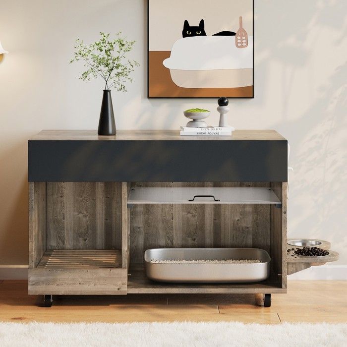 Meuble Litière Chat Avec Gamelles Et Bac Récupération - Panneau Perforé - Coloris Gris-brun Chêne - Dimensions 100x45.5x67 Cm