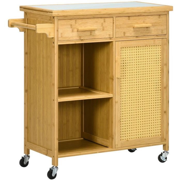 Desserte de cuisine avec tiroir armoire étagères ouvertes porte-serviettes et plan de travail Desserte à roulettes