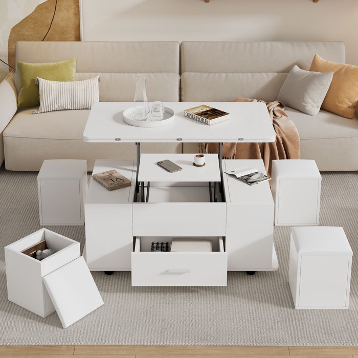 Table basse salon relevable avec tiroirs et 4 tabourets Table de salon 4 en 1 transformable en table à manger de salon Blanc