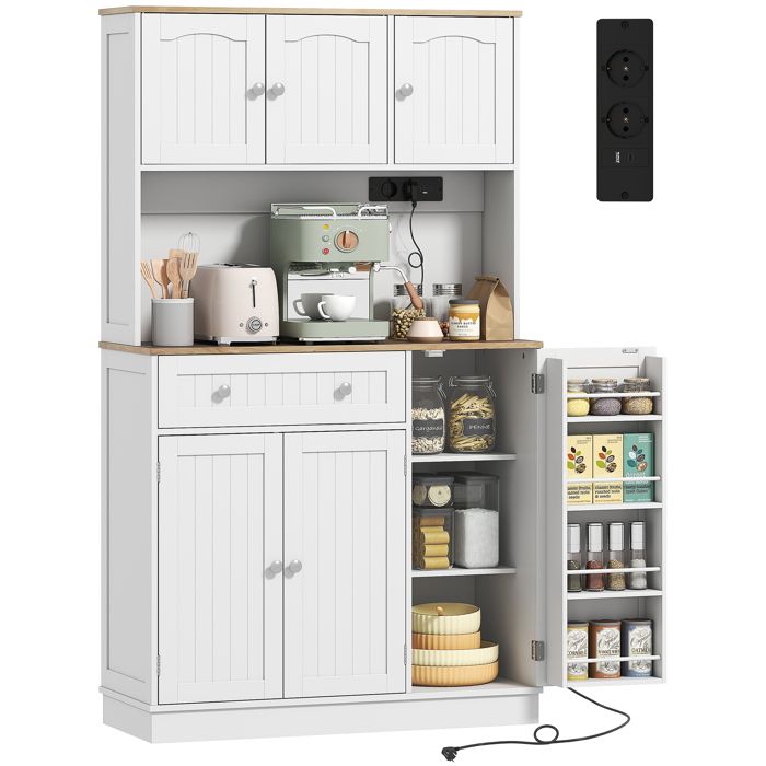 Buffet haut cuisine - HOMCOM - station de charge 6 portes plan de travail étagères réglables - MDF - 100x40x173cm - blanc Buffet haut cuisine - HOMCOM - station de charge 6 portes plan de travail étagères réglables - MDF - 100x40x173cm - blanc