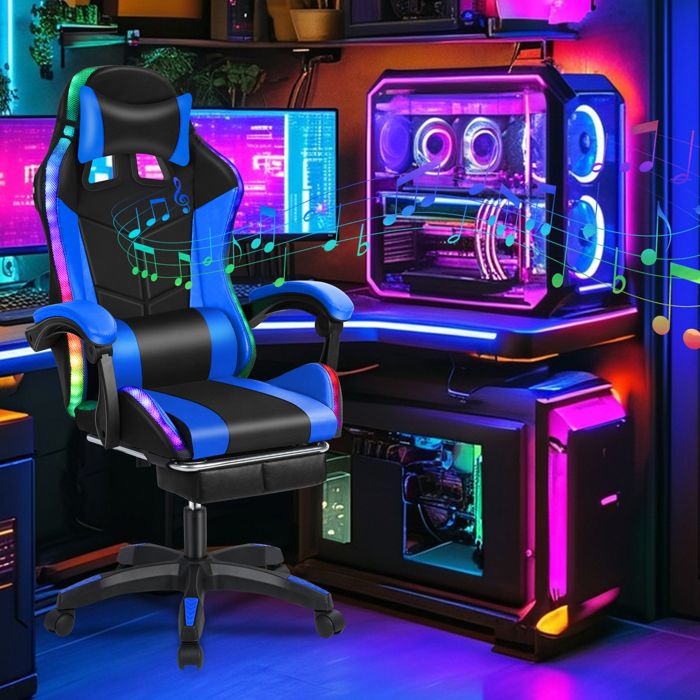 Chaise Gaming Siège de Bureau réglable Fauteuil Gaming avec Repose-Pieds avec eclairage LED et accoudoirs en cuir resistant