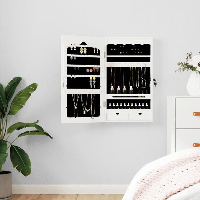Armoire à bijoux avec miroir - vidaXL - Blanc - 37 5x10x67 cm - Bois dingénierie - 2 tiroirs - Crochets et étagères