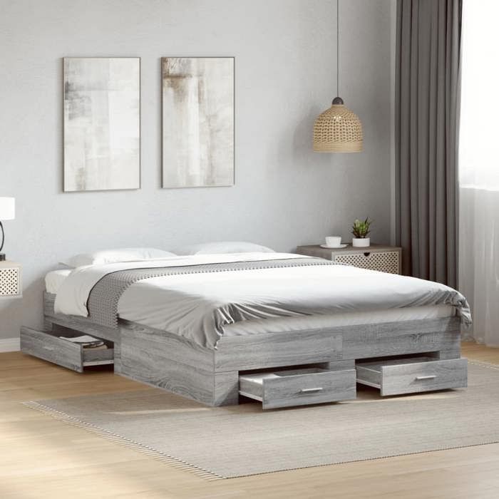 Structure de lit avec tiroirs - UU - Sonoma gris - 140x190 cm - Bois dingénierie - Tiroirs de rangement - 193x143x32 cm