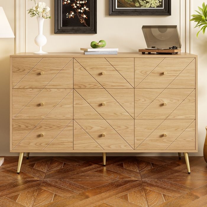 Buffet - commode Moderne à 9 tiroirs avec pieds en fer-solution de rangement élégante pour la chambre à coucher
