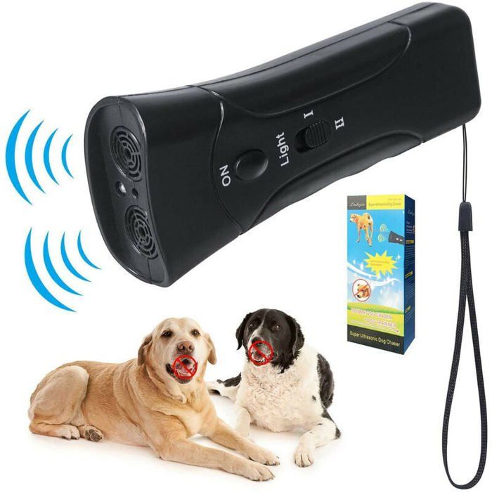 Répulsif Ultrason Chien 3-en-1 – Double Canal Appareil Anti-Aboiement avec Lampe Torche LED Outil de Dressage Portable