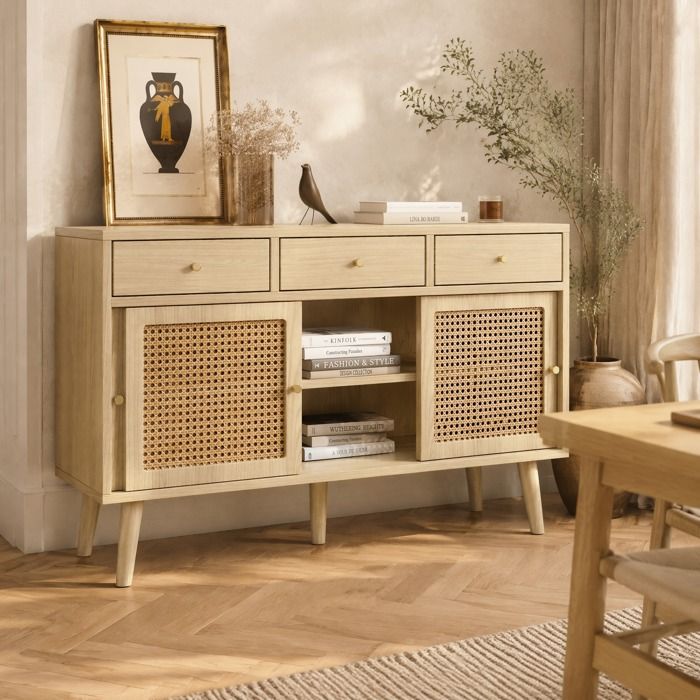 Buffet Bas 3 Tiroirs 3 Portes Coulissantes Rotin - ELVMI - Étagères Réglables en MDF Chêne 120 × 40 × 78 cm