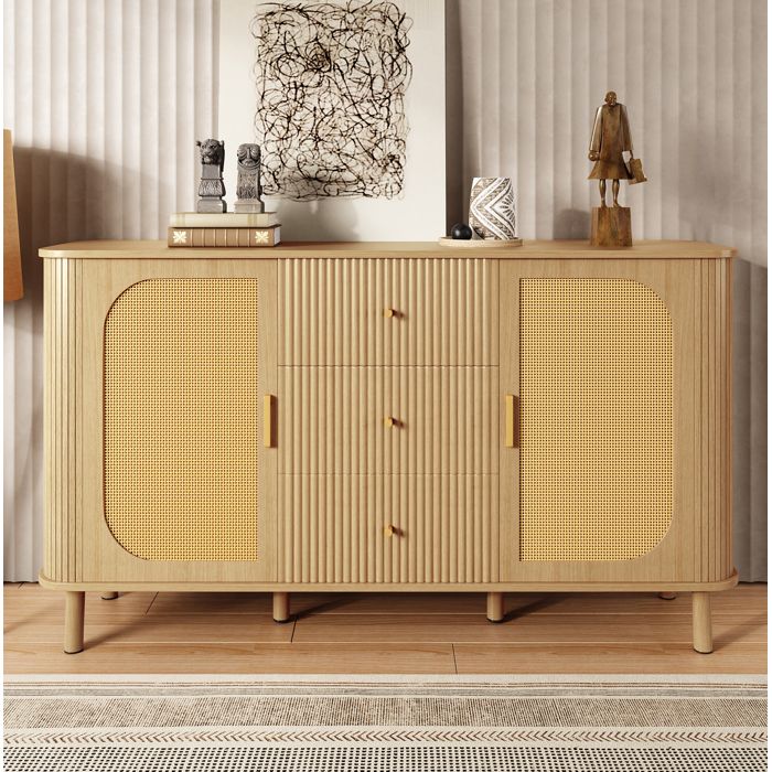 Buffet naturel arrondi avec portes en rotin tiroirs ondulés et pieds métal
