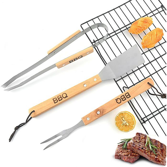 Set Ustensiles Barbecue Avec Pince Et Spatule Ensemble BBQ Avec Manches Bois Pour Grillades Et Réunions