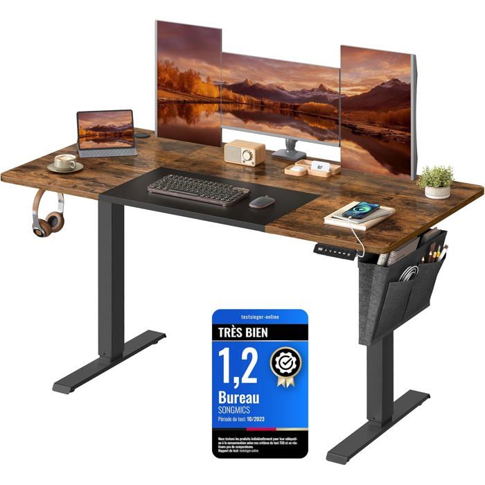 Bureau Assis-Debout avec Mémoire 4 Hauteurs - Plateau 140 x 60 cm - Finition Marron Rustique et Noir dEncre Bureau Assis-Debout avec Mémoire 4 Hauteurs - Plateau 140 x 60 cm - Finition Marron Rustique et Noir dEncre
