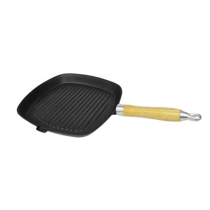 （Haute qualité）Noir Poêle de grill Fonte avec poignée en bois 20x20cmPoids 2.5 Kg_873826
