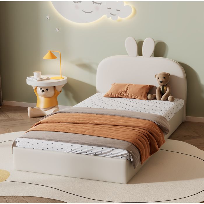 Lit enfant simple en velours beige avec tête de lit lapin 90 × 200 cm