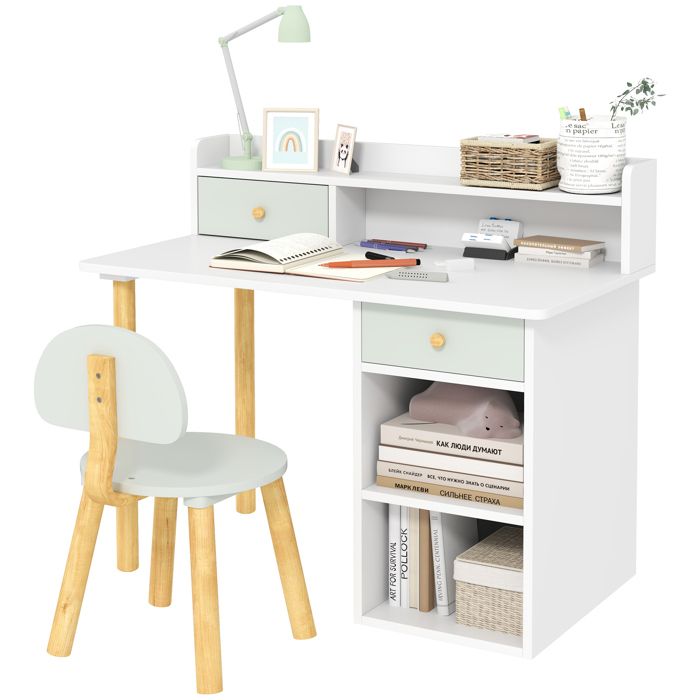 Bureau enfant avec chaise - AIYAPLAY - 2 tiroirs et étagères ouvertes - bois - 85 x 48 x 73 cm - vert