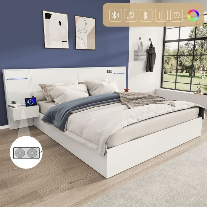 Lit double 180x200cm structure bois lit adulte tête connectée USB horloge Bluetooth éclairage couleur 2 tables nuit blanc