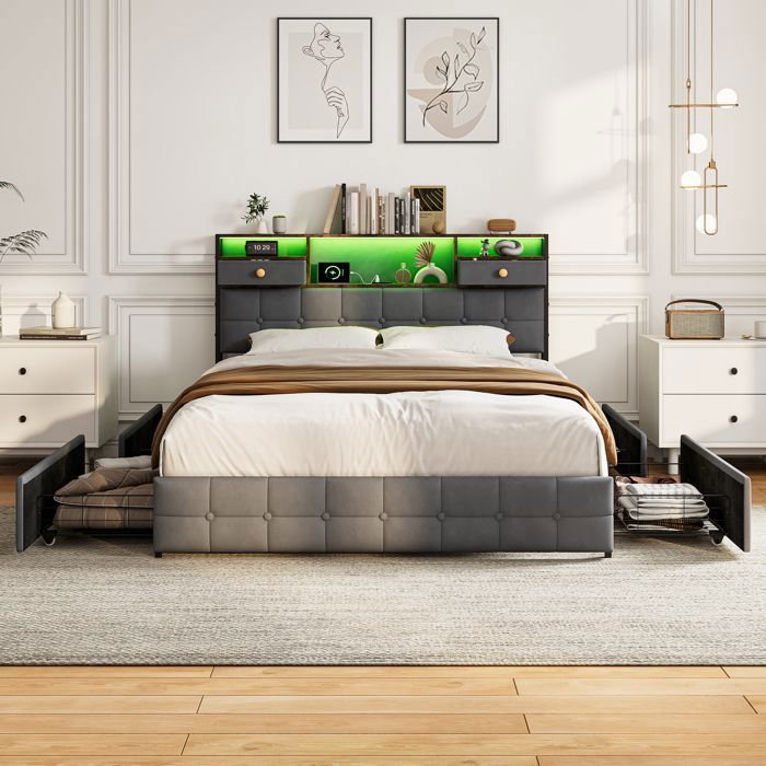 Lit adulte 160x200 avec sommier et 4 tiroirs Lit rembourré 2 personnes avec LED et USB Cadre de lit coffre Velours gris Lit adulte 160x200 avec sommier et 4 tiroirs Lit rembourré 2 personnes avec LED et USB Cadre de lit coffre Velours gris