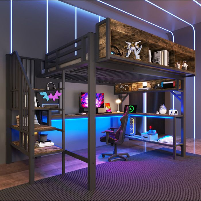 Lit mezzanine 140 × 200 cm 2 places avec bureau d’angle LED USB et Type-C sans matelas Bois et métal noir vintage - UVRION