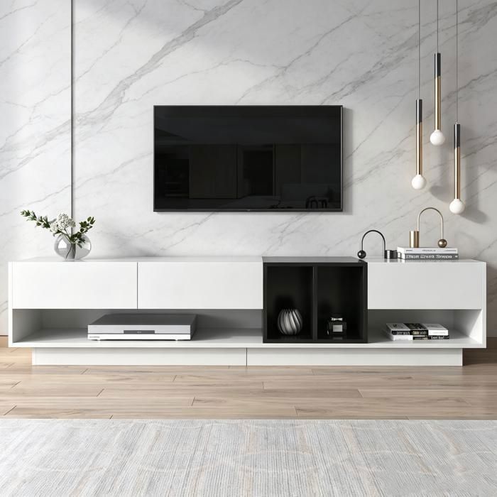 Meuble TV 190x40x42cm 3 Tiroirs et Compartiments Banc Télé Rangement pour Salon Chambre Meuble Tele Banc TV SalonBlanc et Noir