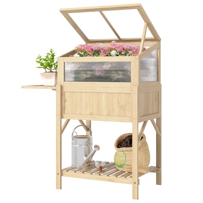 LIA Carré potager sur pieds avec serre jardinière surélevée table latérale pliante et étagère 104x50x120cm bois naturel