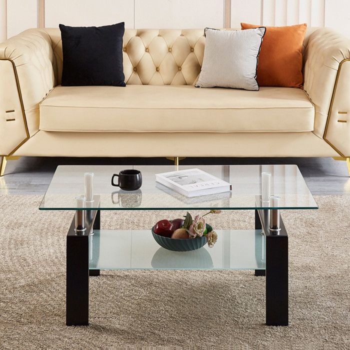 Table basse 2 niveaux en verre trempé transparent 100x60x44 cm moderne Structure Robuste Durablegain de place pour salon/bureau