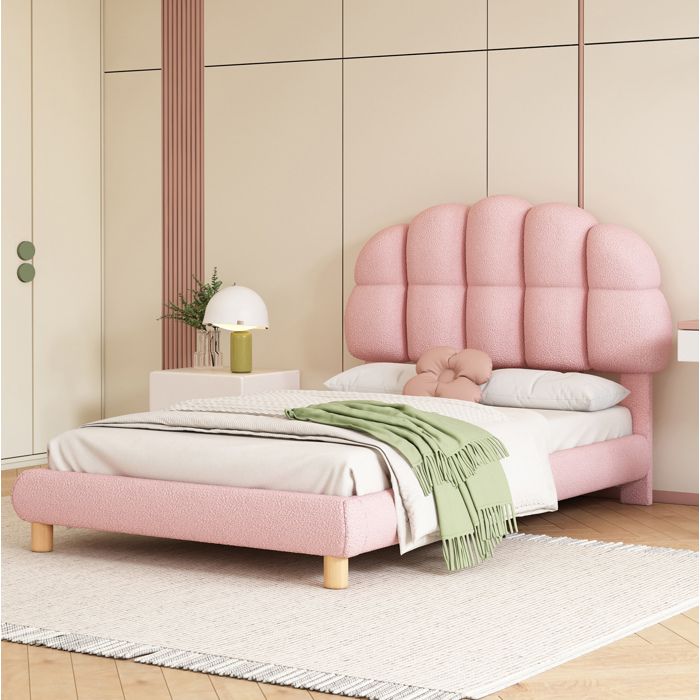 Lit Enfant Simple 90 × 200 cm avec Tête Réglable et Sommier à Lattes Sans Matelas Bouclette Rose - UVRION