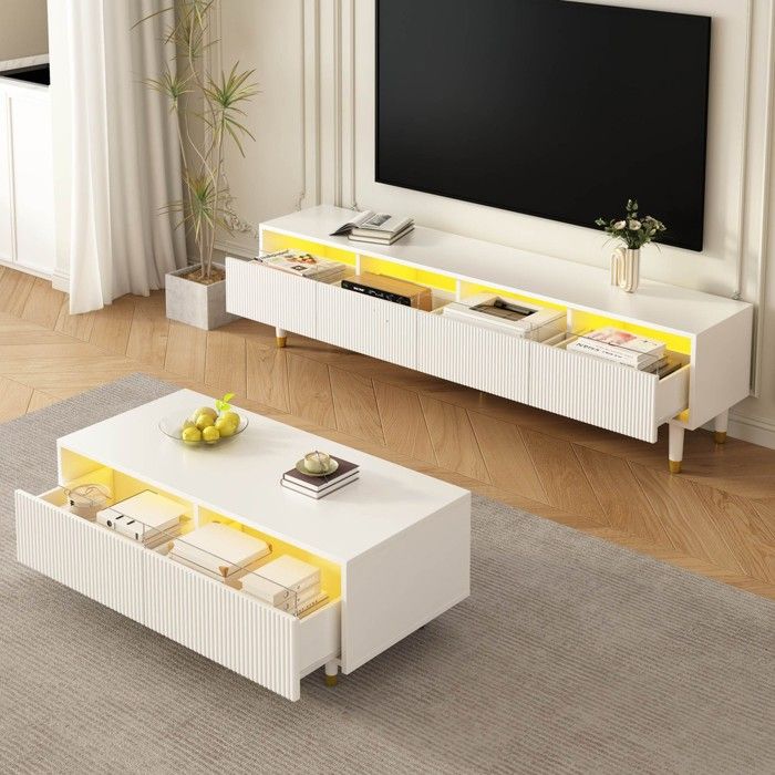 Table basse - MINIMAL - MINIMAL HOME - LED multicolore (appli) - 2 tiroirs - Pieds bois massif or/blanc Table basse - MINIMAL - MINIMAL HOME - LED multicolore (appli) - 2 tiroirs - Pieds bois massif or/blanc