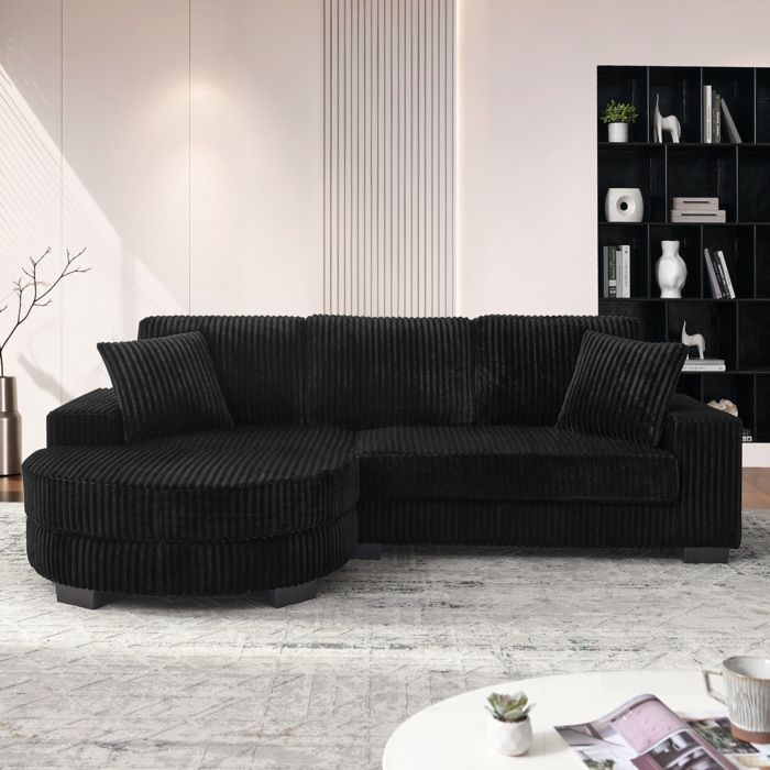 Canapé dangle L 4 places velours côtelé noir 2565x1335x89 cm modulable avec pouf ovale 2 coussins