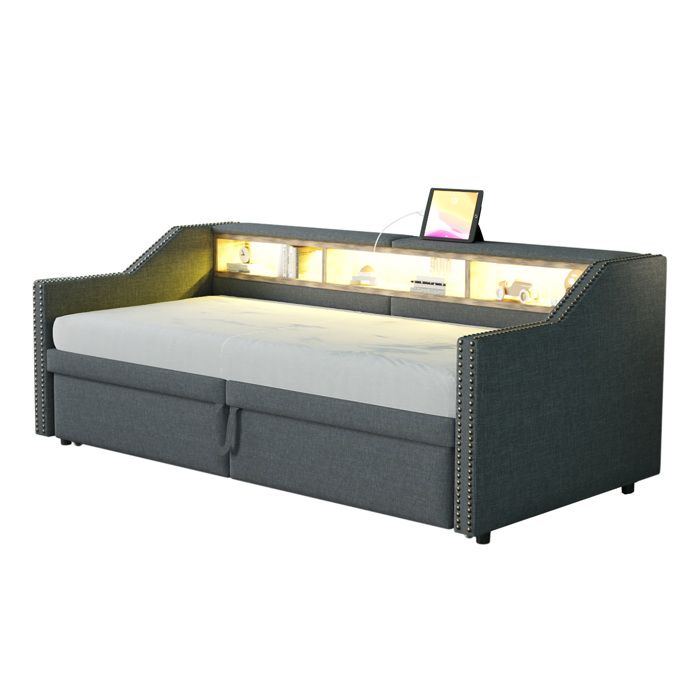 Lit coffre convertible 90/180 x 200 rangement LED USB sommier à lattes gris foncé 2 matelas à ressorts
