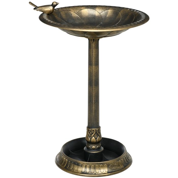 Bain d’oiseaux sur pied avec statue abreuvoir 2 vasques motif floral plastique aspect bronze 50 x 72 cm