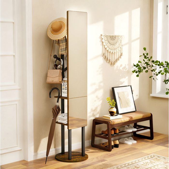 Vestiaire dentrée avec miroir sur pied rotatif 360° 174 x 40 cm acier et panneaux de particules noir et marron