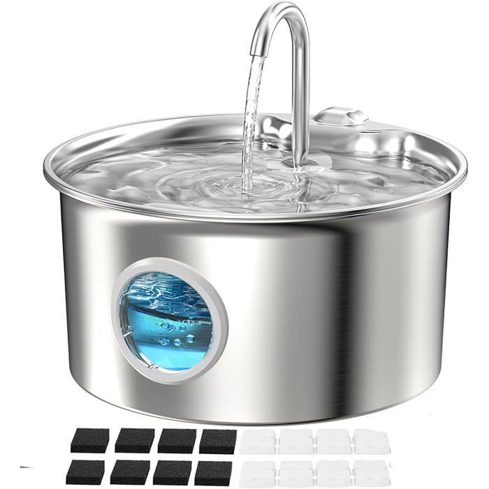 Fontaine Eau Chat INOX: Fontaine Chat Acier Inoxydable Automatique 2 6L Silencieuse Fontaine Chat+8 Filtres + 8 Éponges