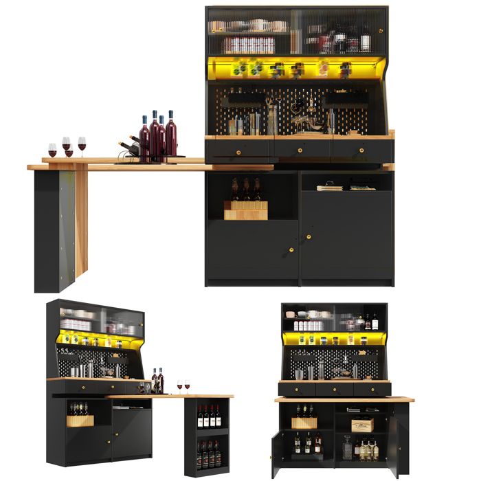 Buffet haut - Armoire haute cuisine 137×45×178 cm - LED App - Plateau extensible - 2 portes 3 tiroirs