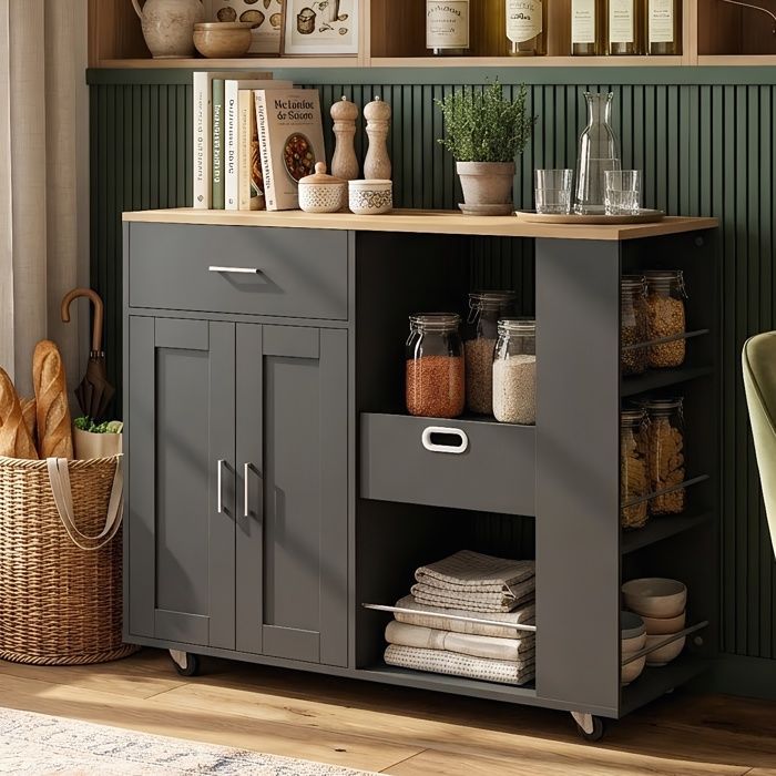 Desserte de cuisine 102x46x92cm - Îlot mobile - Rangement amovible - Étagère à épices - Style industriel moderne - MDF Noir Chêne