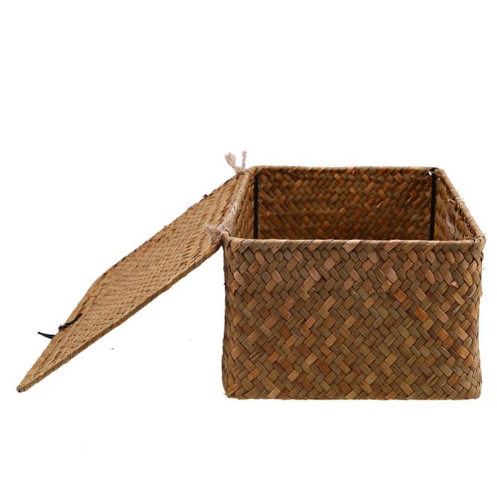 1 Panier rangement Jonc de mer Couvercle boucle Rectangulaire tissé Étagère bureau maison .