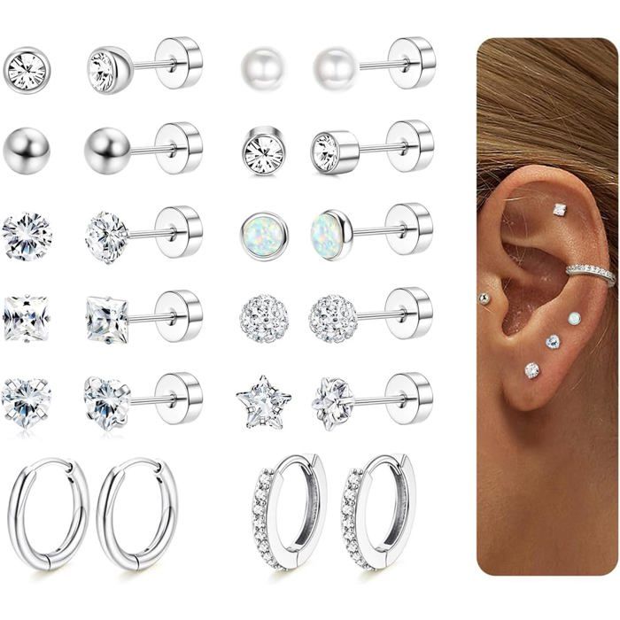12 Paires Boucles DOreilles Femme Acier Inoxydable Ensemble Créoles Clous DOreilles Hypoallergénique Piercing Oreille Heli[PP295]