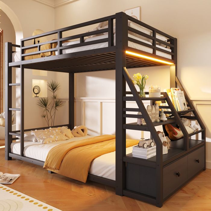 Lit superposé 90x200 métal noir avec LED 2 tiroirs tissu étagères et garde-corps sommier inclus