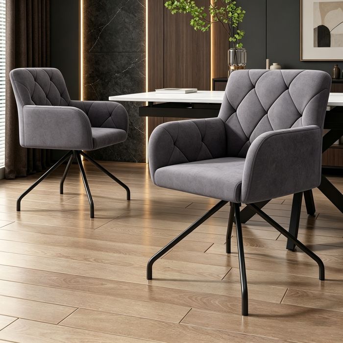 Chaises de Salle à Manger Lot de 2 Motif de Diamant Fauteuil Rembourrées à 4 Pieds en Métal Chaise de Cuisine Moderne Velours