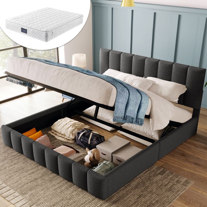 Lit Coffre 140 × 200 cm 2 Places Tête Réglable et Matelas Inclus Sommier à Lattes en Métal Gris