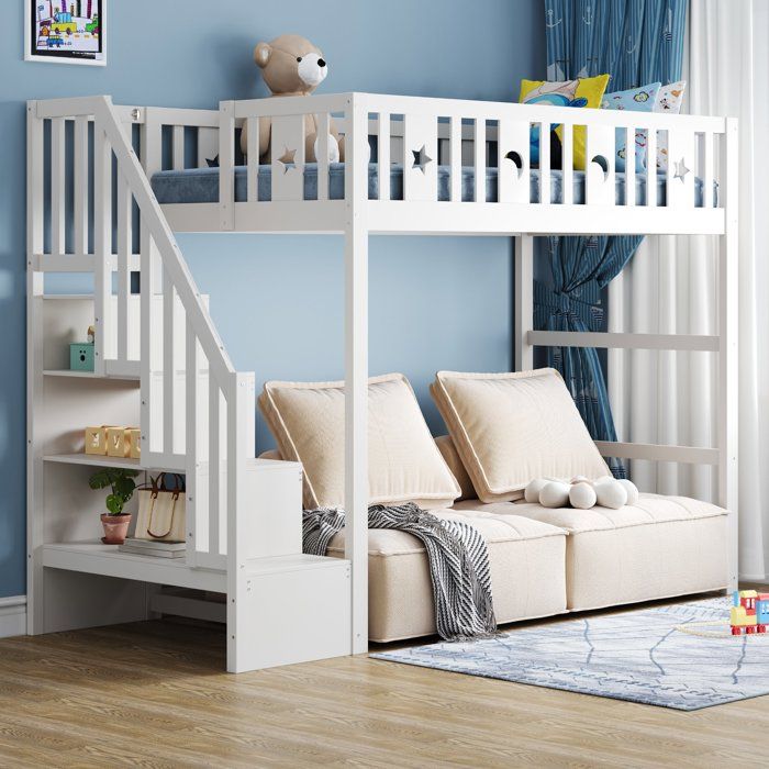 Lit Mezzanine Enfant 90x200 cm en Bois Massif Lit Gain de Place avec Escalier de Rangement Garde-Corps Décor Étoile Lune - Blanc