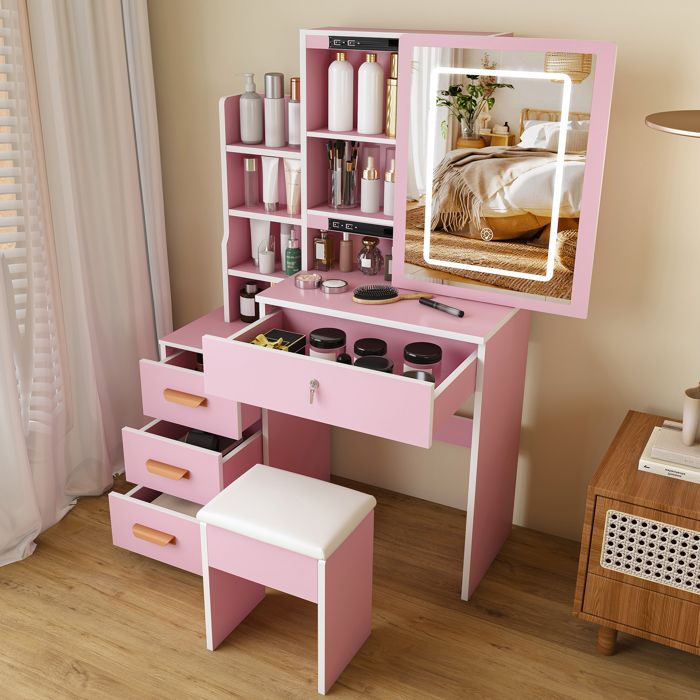 Coiffeuse rose 85x36x130 cm avec miroir LED 3 couleurs 4 tiroirs rangements latéraux tabouret rembourré