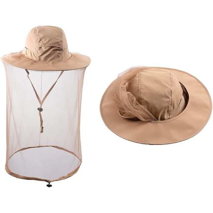 Chapeau avec Filet en Maille moustiquaire intégré pour Apiculture Safari randonnées Jardinage Kaki