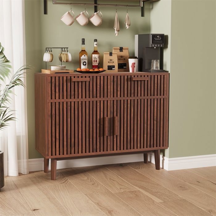 Buffet Bas Noyer - Buffet de cuisine 2 Portes & 2 Tiroirs - Enfilade Cuisine & Salon Style Scandinave Chic
